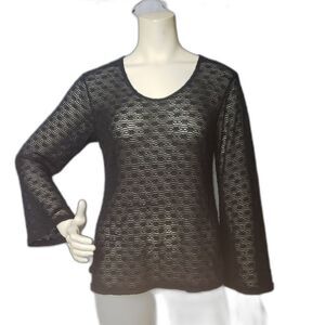 Vintage 90's Y2K Scoop Neck Black Sheer Lace Bell Sleeve Top Womens Size Large